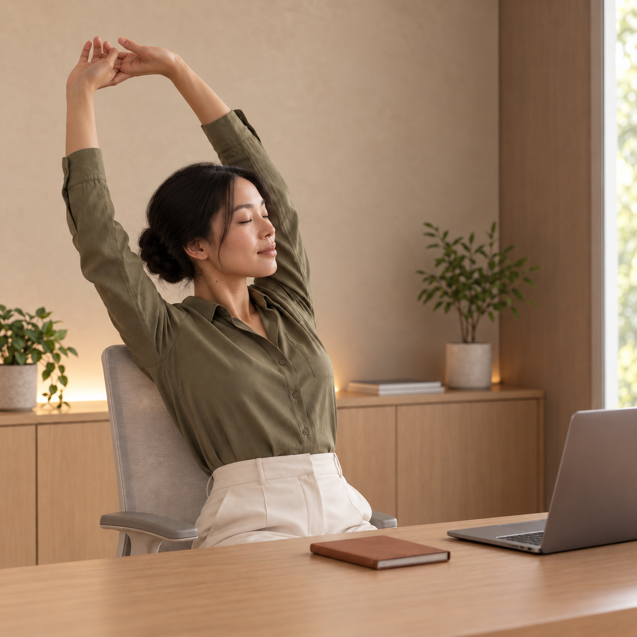 A woman stretches both arms overhead beside her desk.