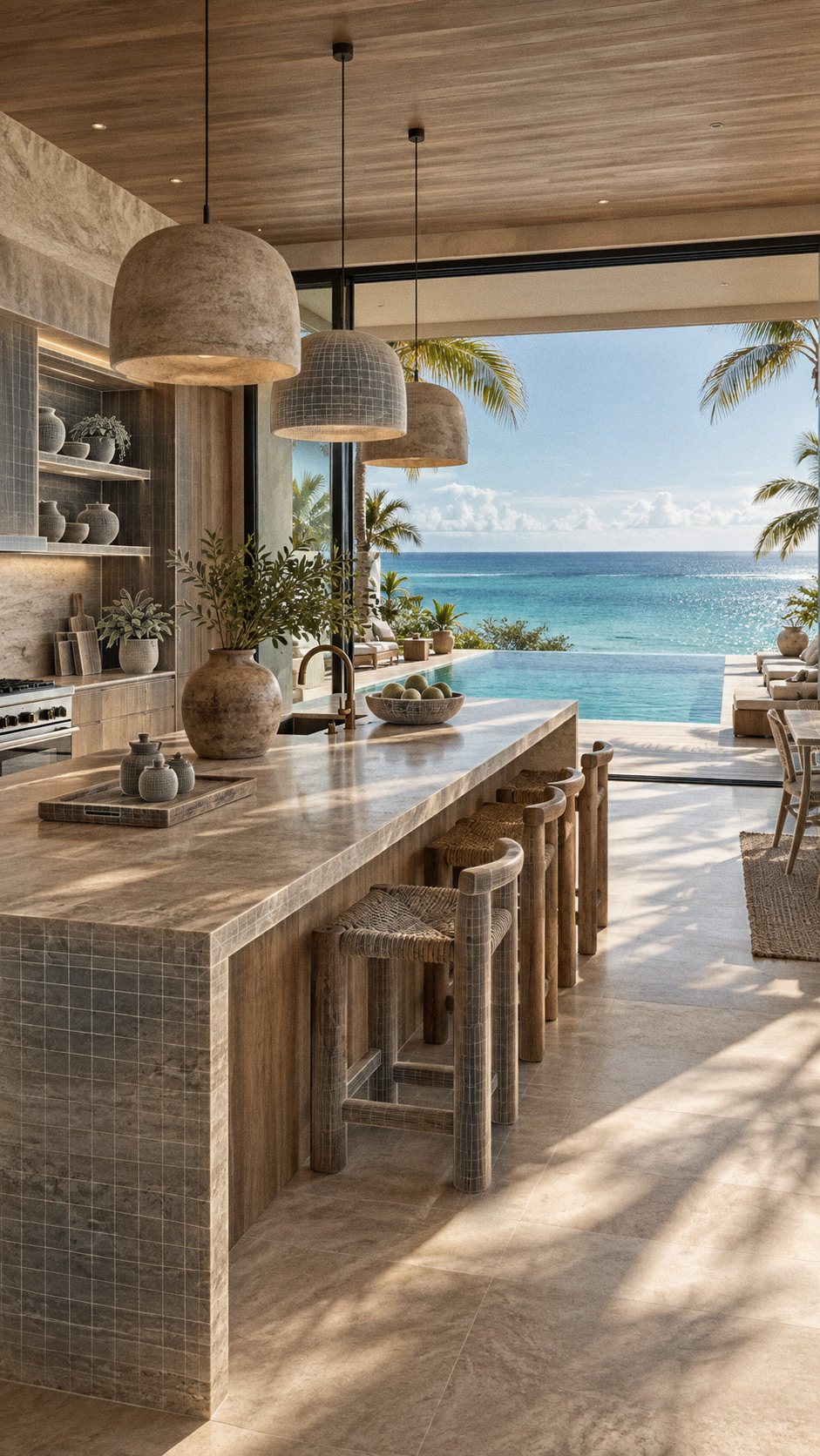 Open kitchen overlooking an infinity pool and turquoise sea
