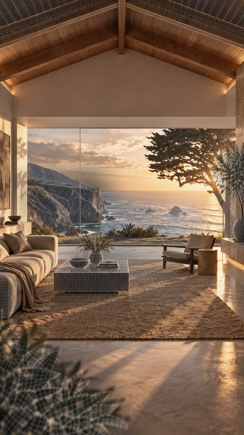 Living room with floor-to-ceiling windows over the Pacific cliffs