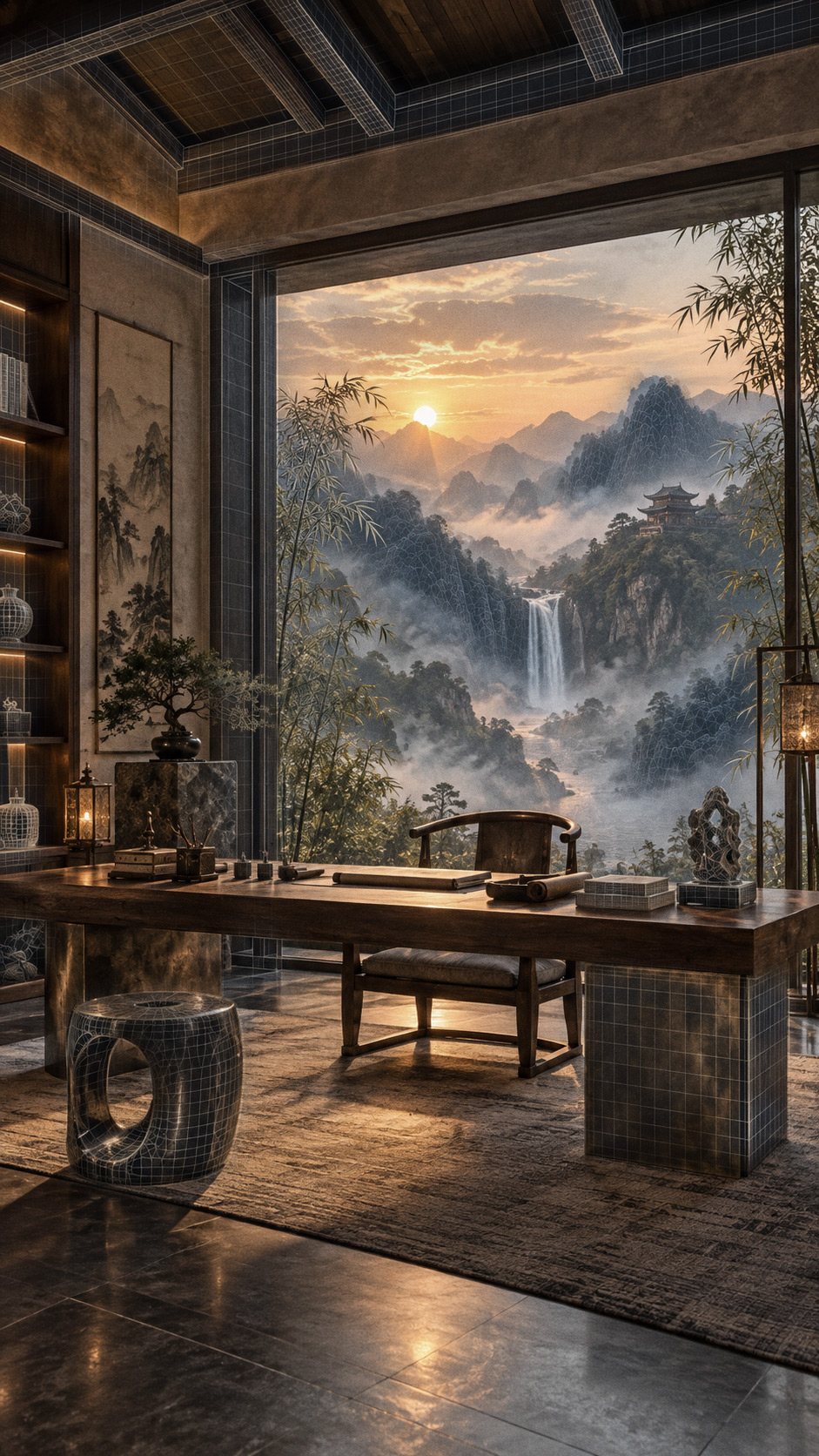 Scholar's study facing a misty mountain temple and waterfall