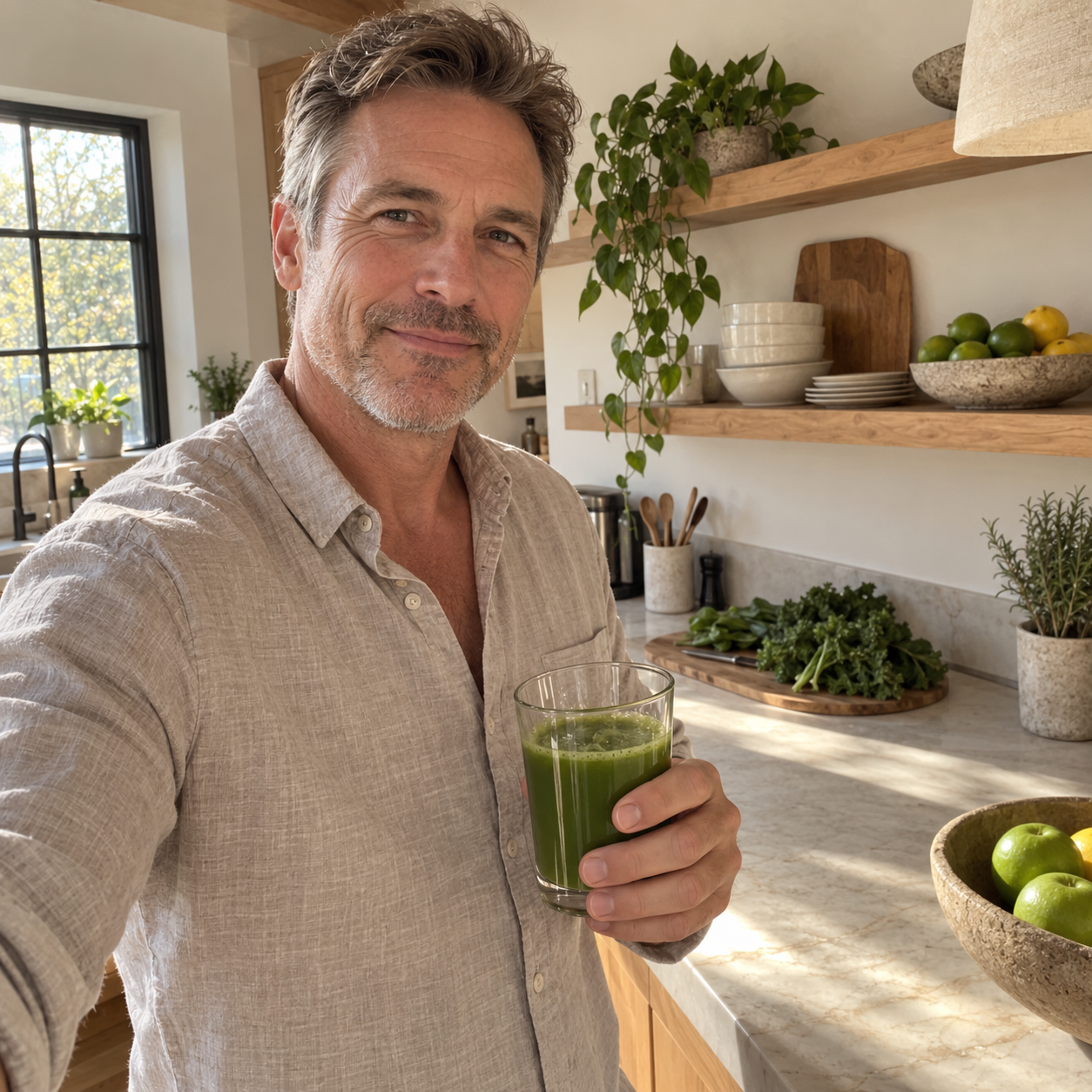 A man holds a green drink in a bright kitchen.