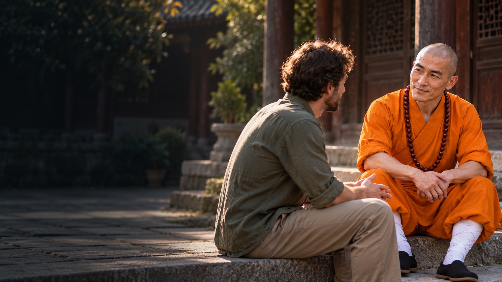 Kye Shahn listening to a visitor in a mountain temple courtyard
