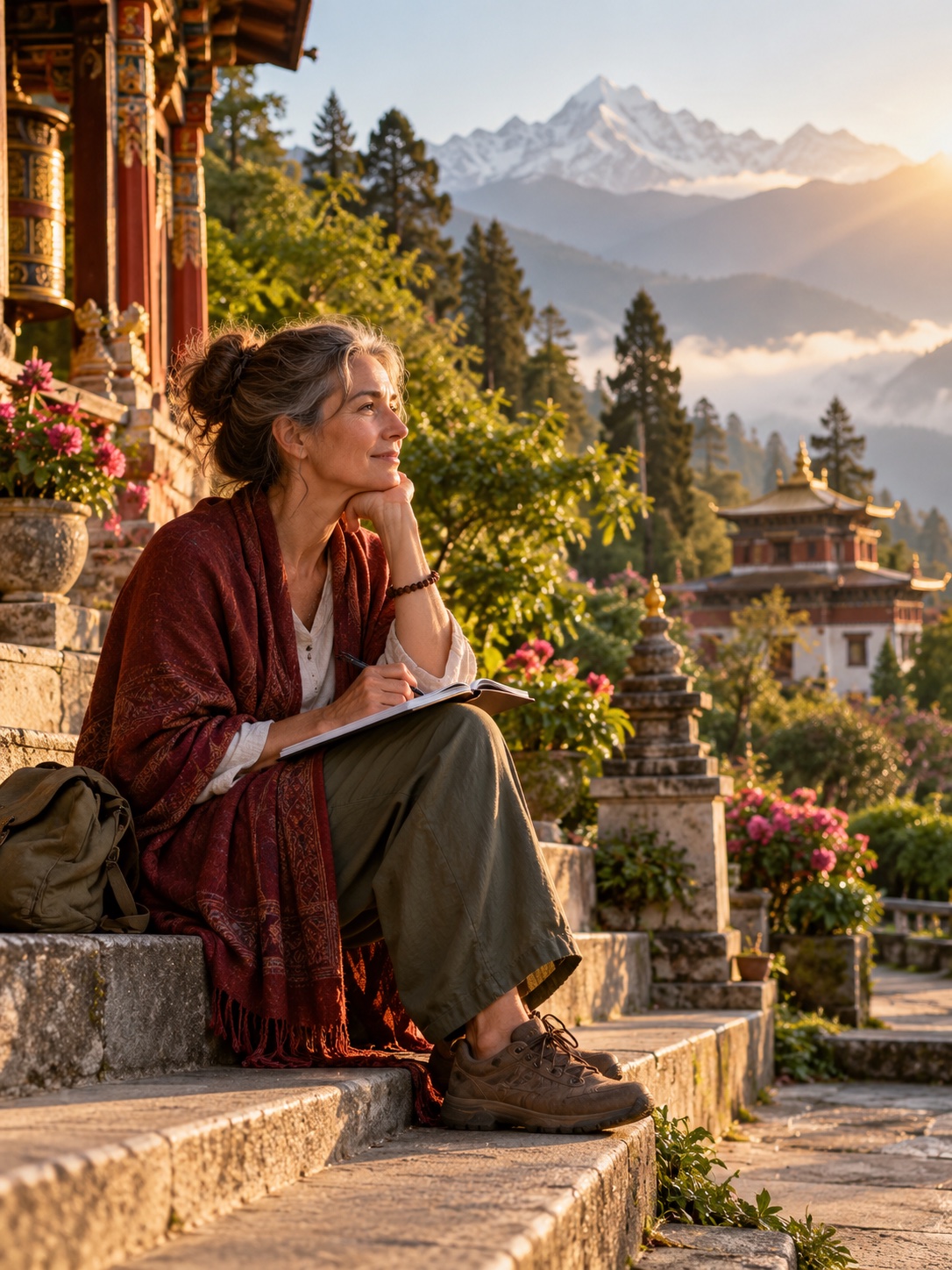 A visitor reflecting with a notebook on temple steps