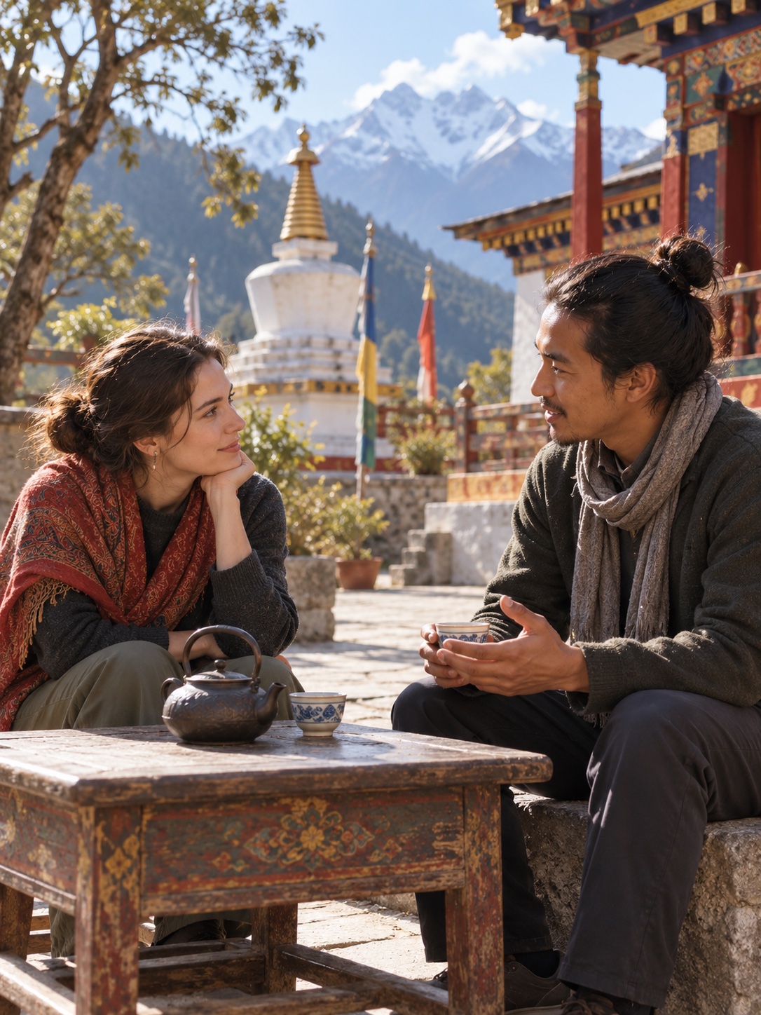 Two visitors listening to one another over tea
