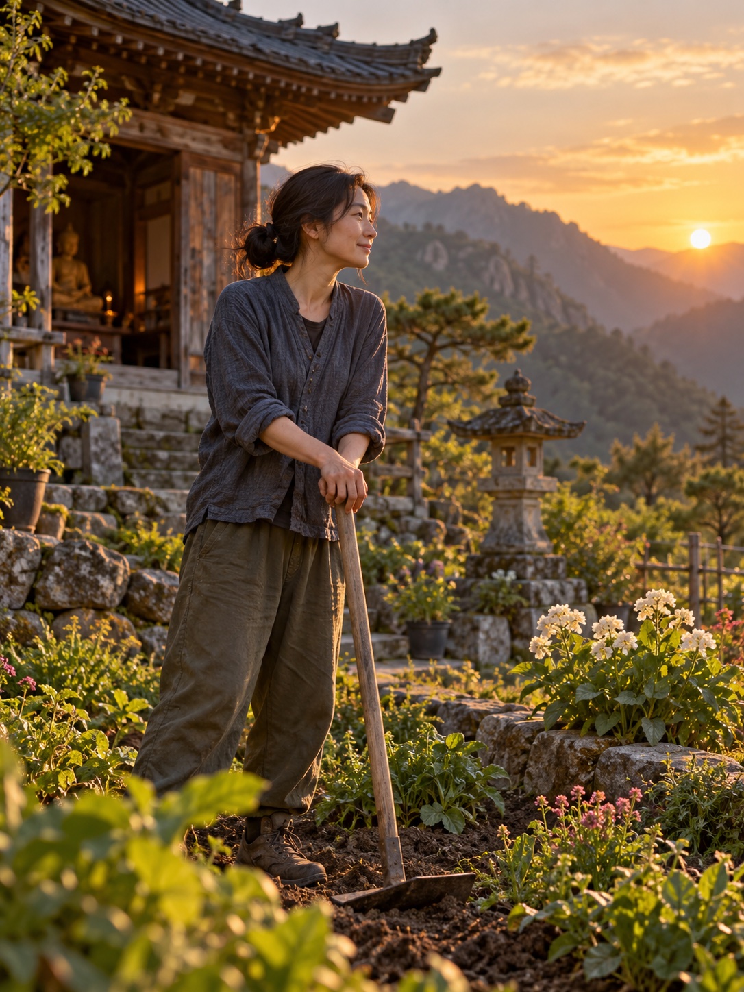 A visitor tending a small temple garden