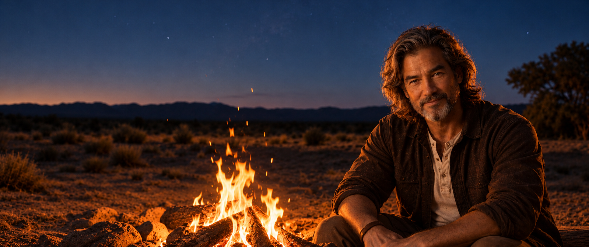 Marcus seated beside a campfire at dusk